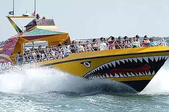 a man riding on the back of a boat in the water