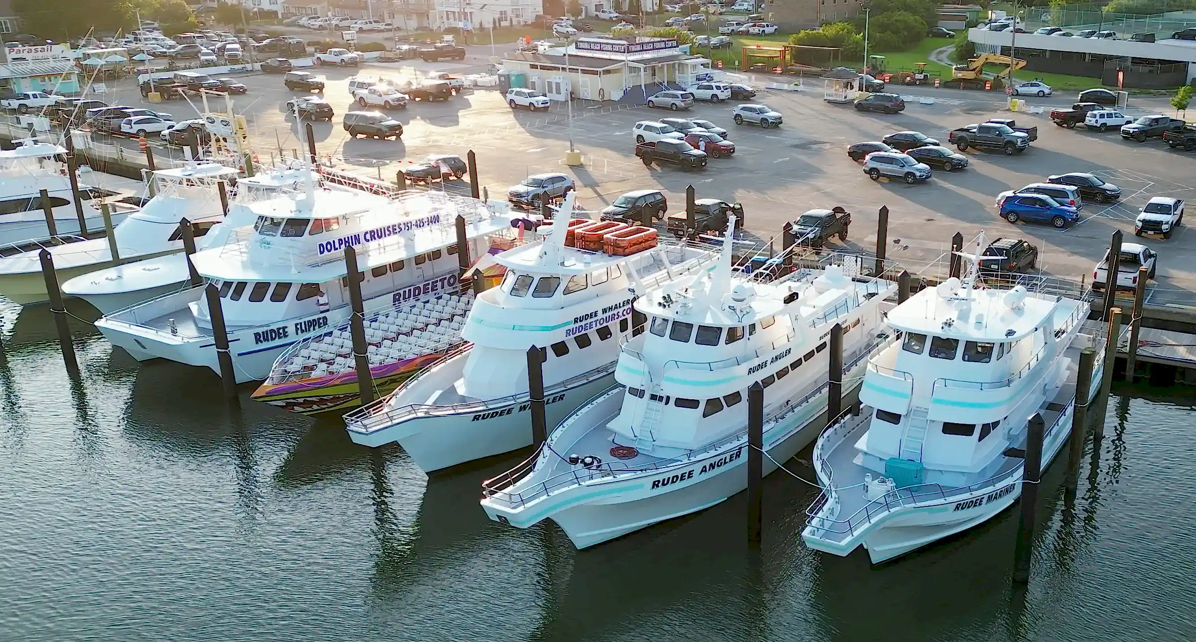 Our fleet of boats docked at the Virginia Beach Fishing Center.
